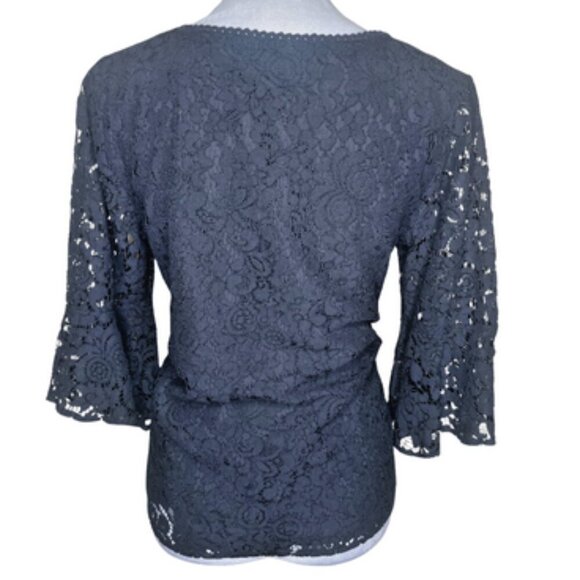 LOFT Ann Taylor Black Lace Lined Bell Sleeve V-Neck Blouse Top Size Small Career - Picture 4 of 10